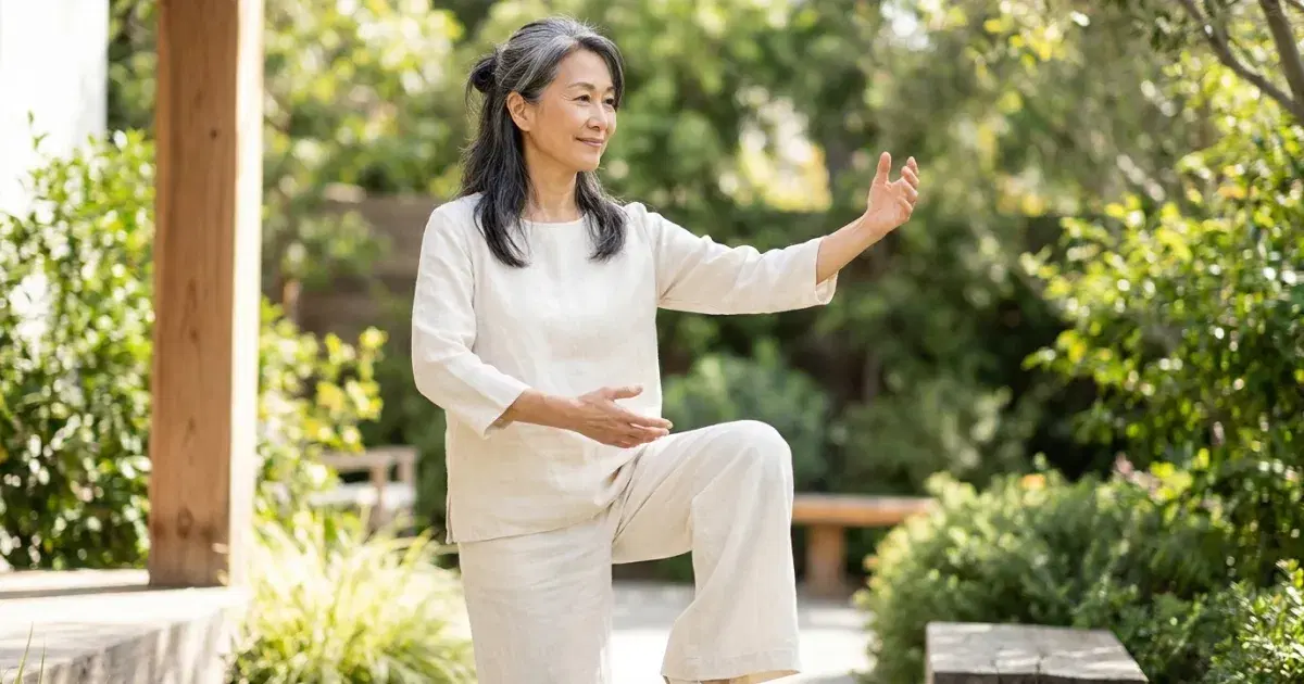 Celebrity balance coach Grace Liang practicing tai chi in a garden